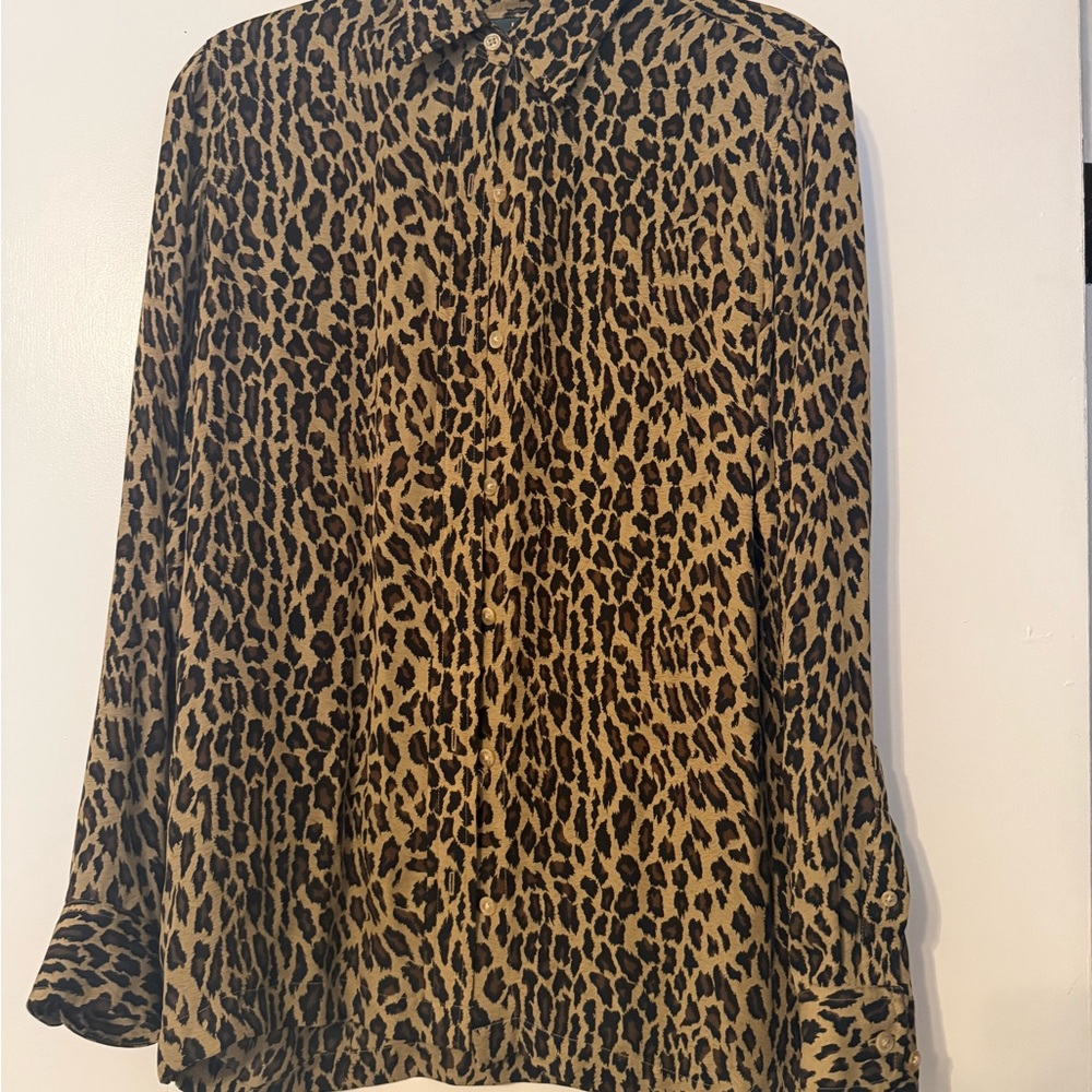 Ralph Lauren Silk Leopard Print Button-Down Shirt